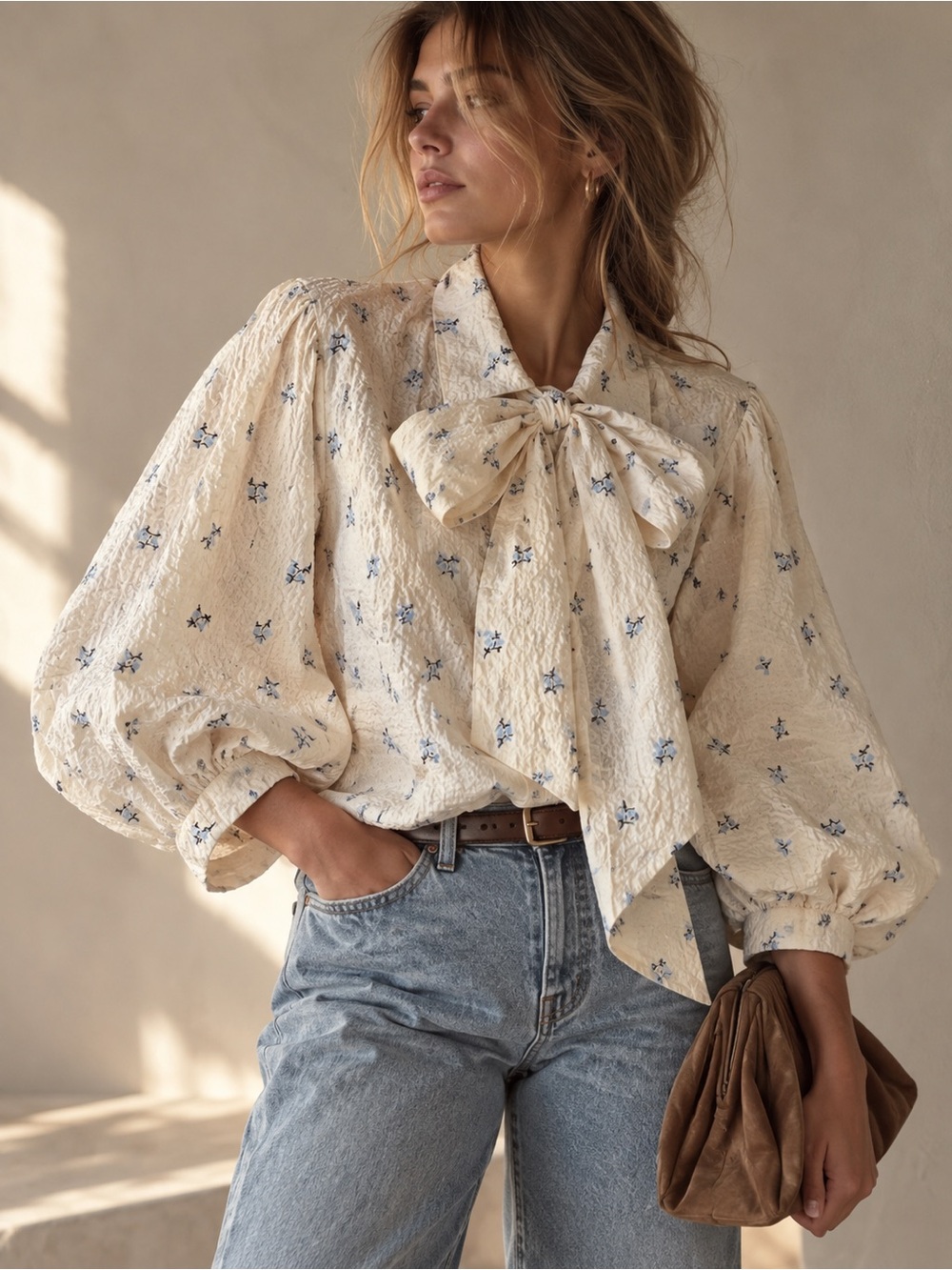 Floral Seersucker Bow Blouse Cream Blue